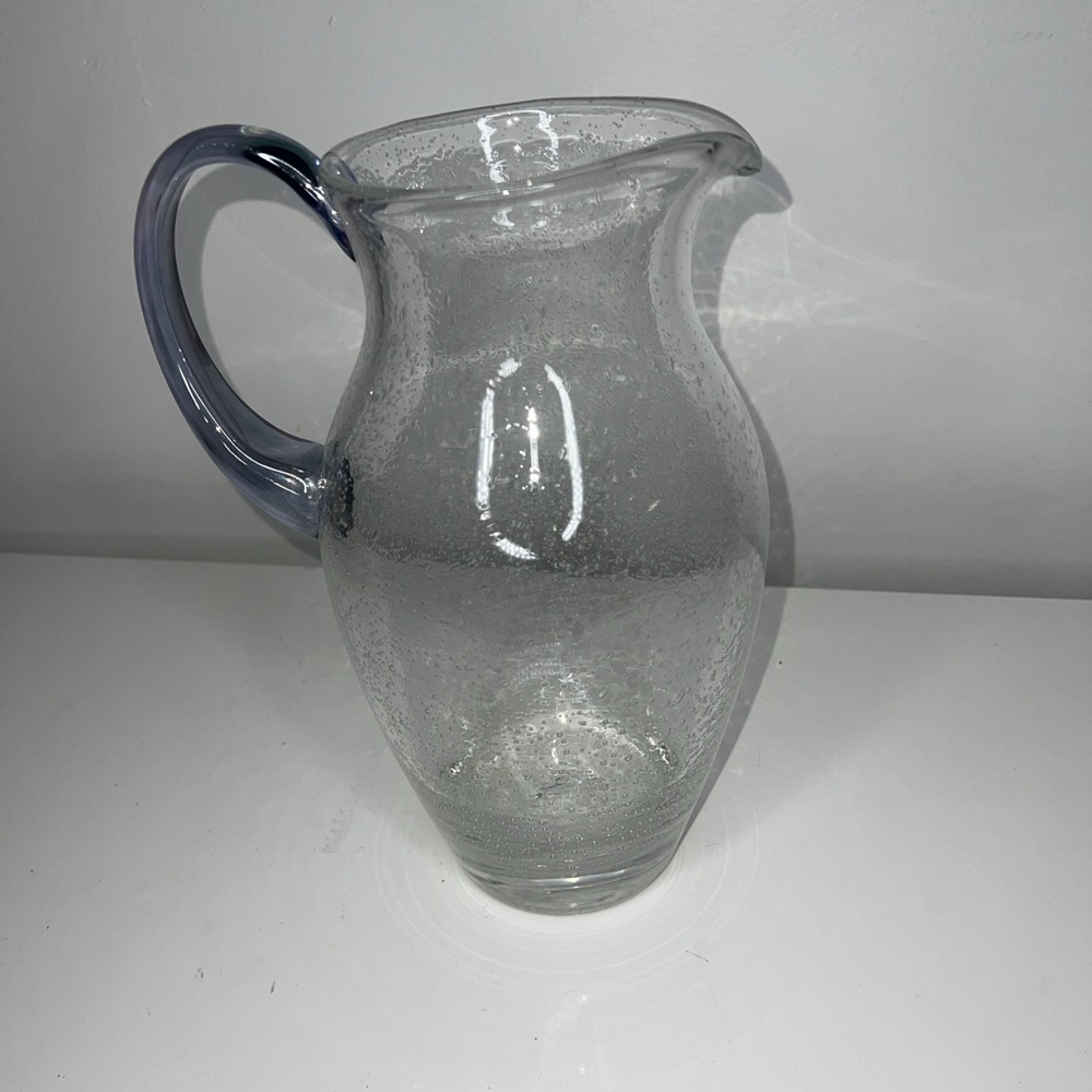 10/Vtg Pottery Barn Blown Bubble Glass Pitcher  Blue Stem Goblets Set of 4 HEAVY